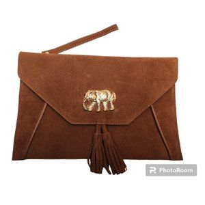 Brown Suede Elephant Clutch Purse NWT
